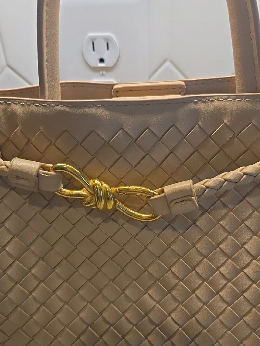 Woven Beige Leather Tote Bag with Braided Strap